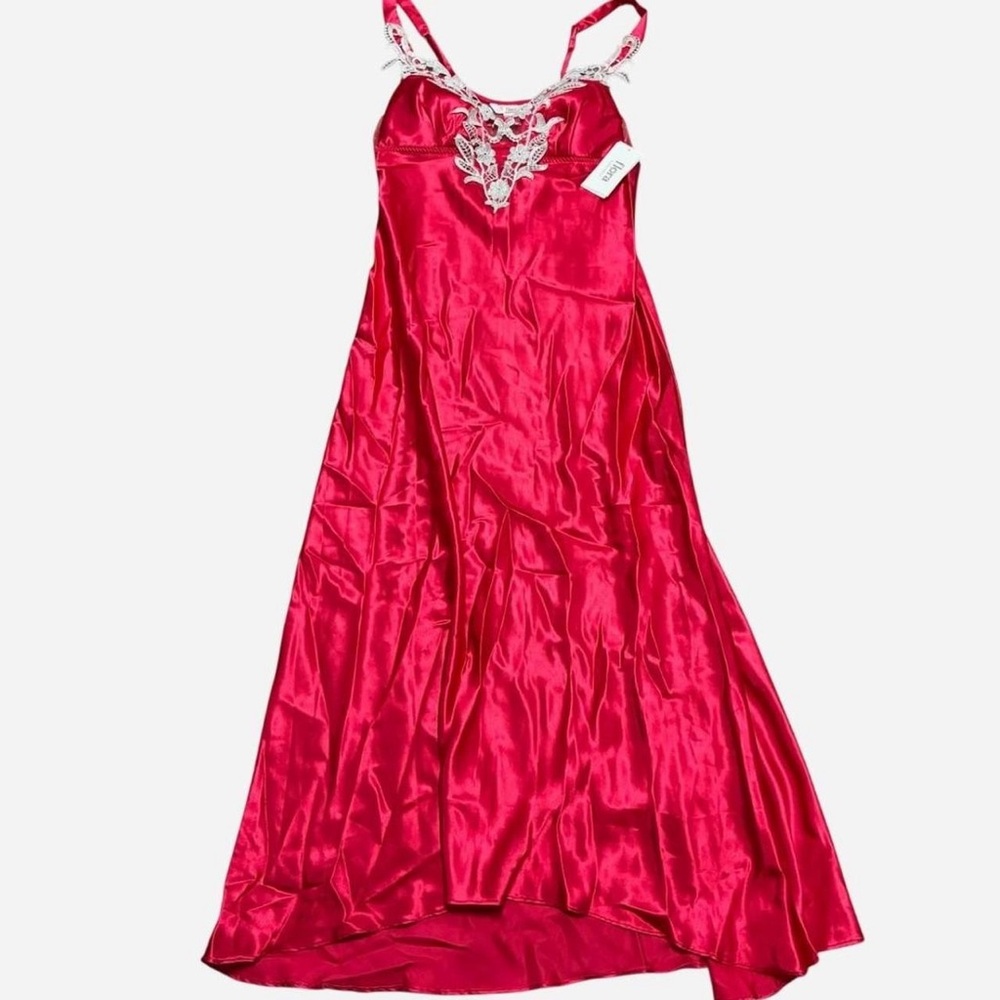 Y2K Red Satin Slip Dress Flora NWT Lace Maxi Nightgown Vintage Lingerie Dress